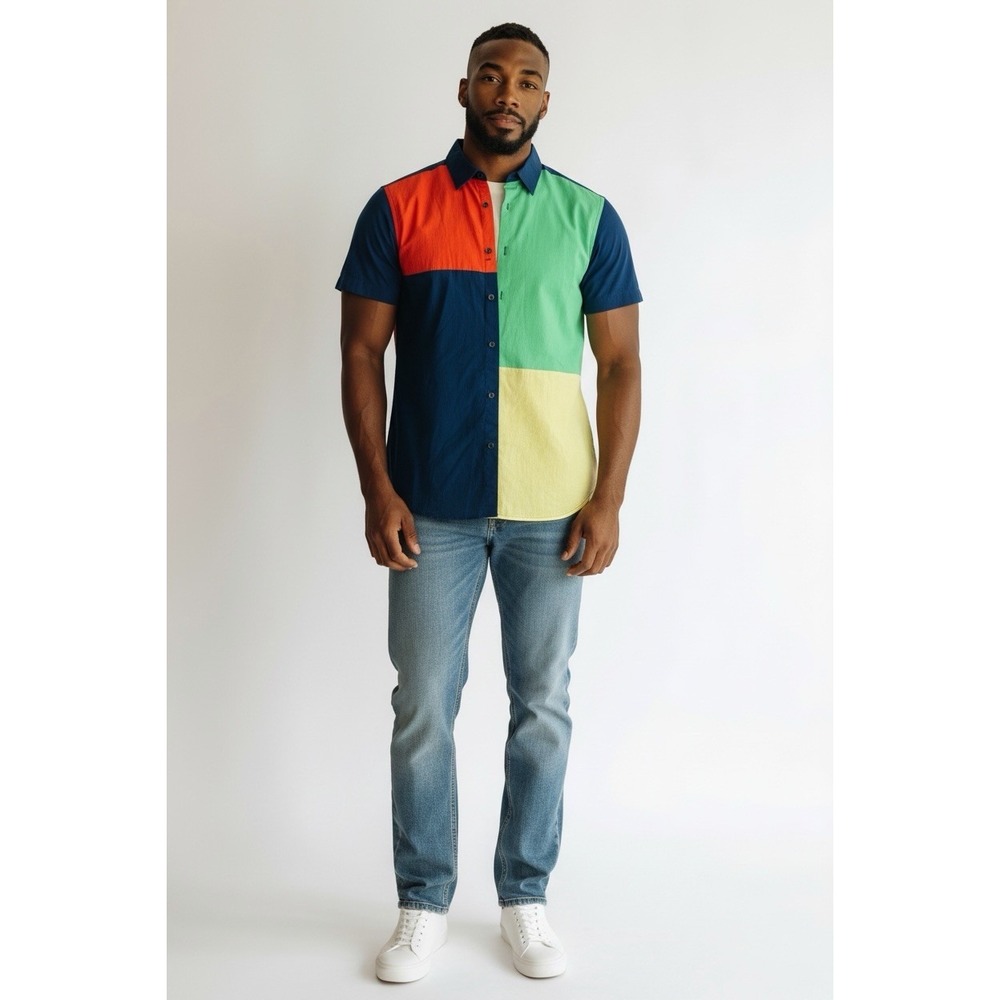 Perry Ellis Colorblock Shirt Mens S 90s Fresh Prince Retro Lightweight Cotton